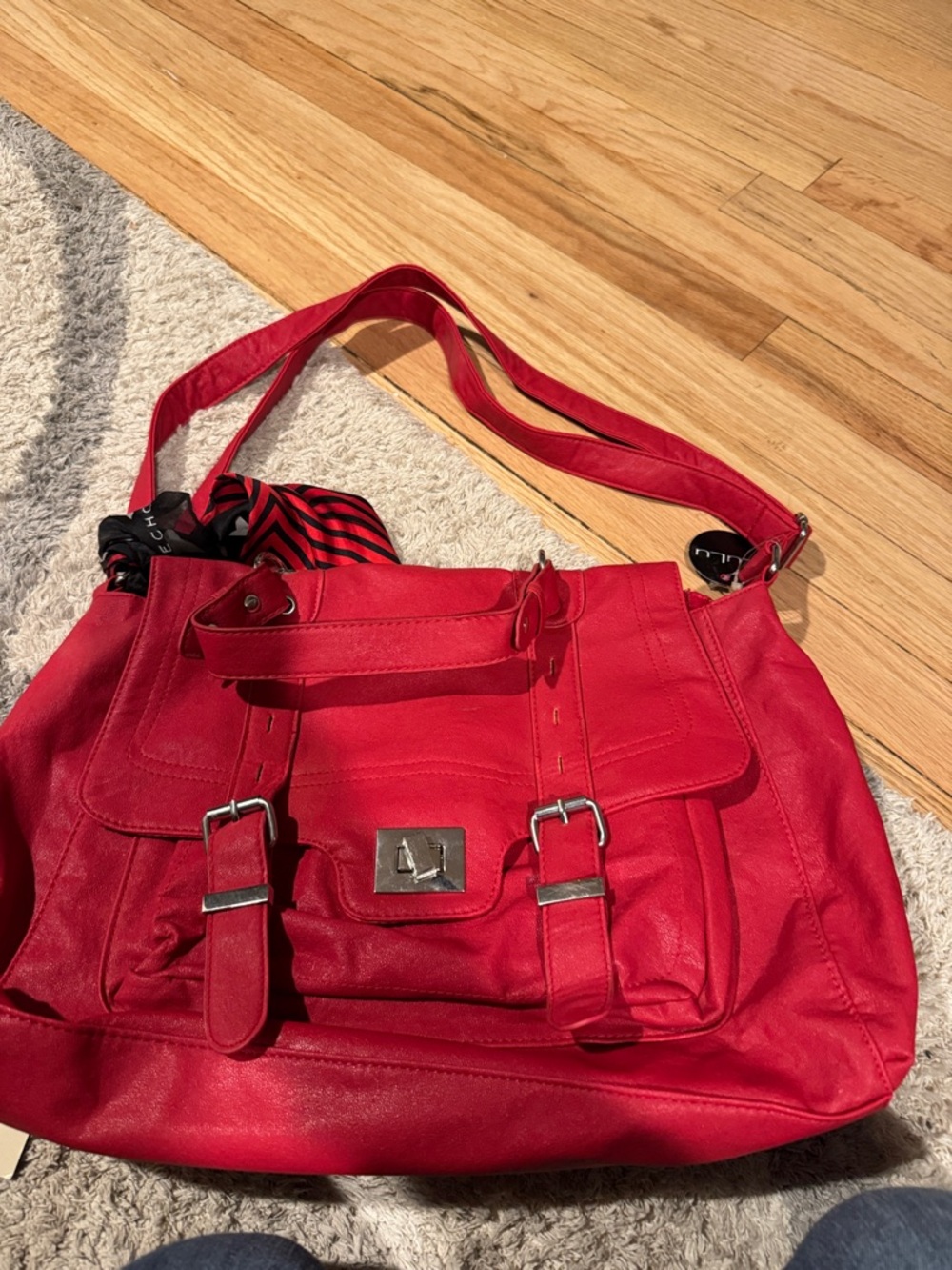 Red Shoulder Satchel Bag with Front Buckle Detail